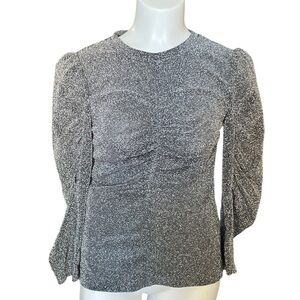 Rebecca Taylor Metallic Silver ruched 3/4 puff sleeves Blouse sz XS